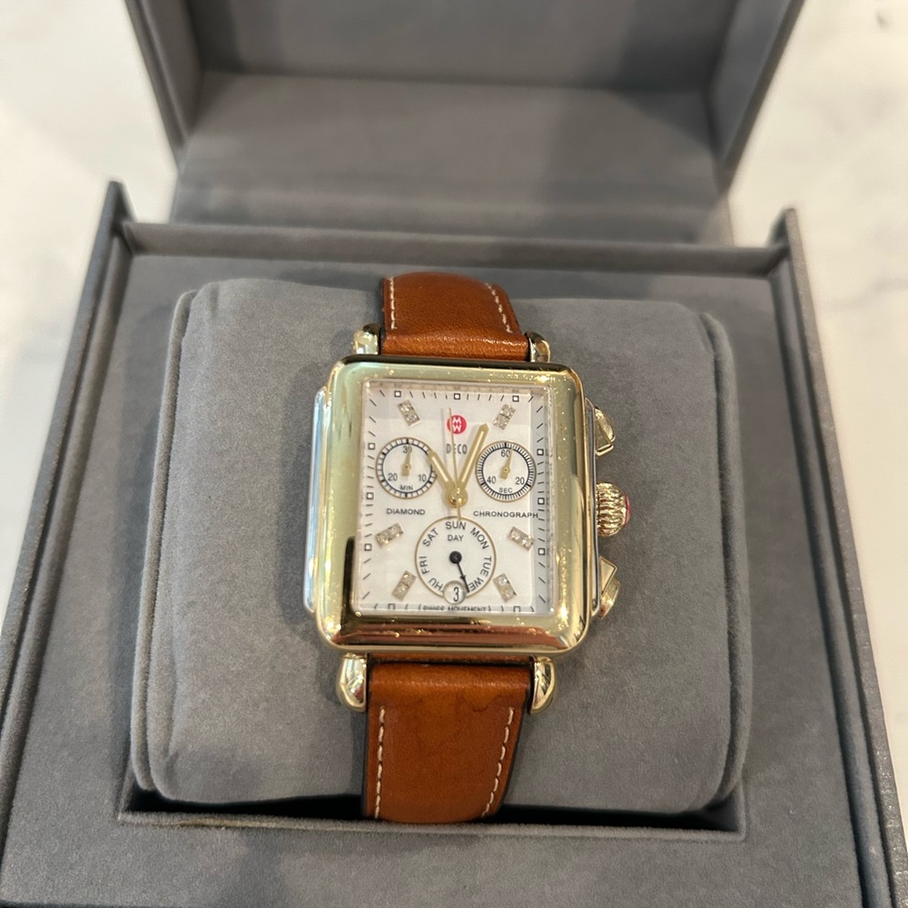 Michele Deco Gold Watch with Tan Leather Band